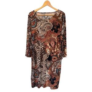 Chico's Size 2 (L/12) Animal Print Floral Boho Scoop Neck Split 3/4 Sleeve Dress